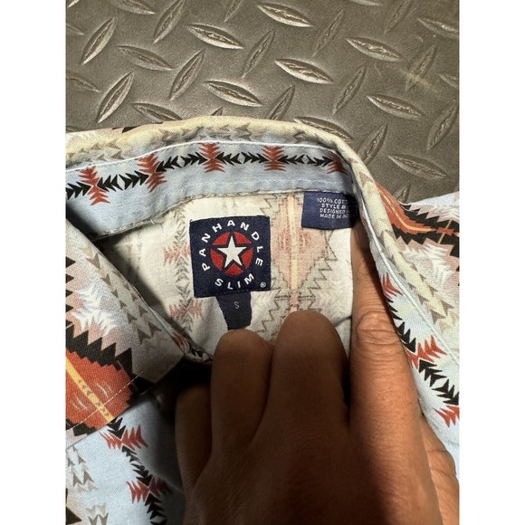 Vintage Panhandle Slim Shirt Mens SMALL blue/brow Button Up Aztec Western Cotton - Picture 5 of 5